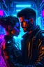 Placeholder: a handsome cyberpunk man connected by wires with a beautiful cyberpunk woman