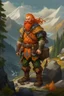 Placeholder: Realistisches Bild von einem DnD Charakters. Männlicher Zwerg mit orangenen Haaren. Er steht im Wald mit Bergen im Hintergrund. Er ist ein Jäger und hält eine Armbrust in der Hand.
