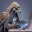 Placeholder: falcon as a hacker using the computer with human hands