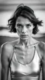 Placeholder: beautiful anorexic young woman, total shot, short shiny silver triathlon swimsuit, short brunette wavy bob hair, blurred beach background