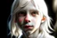 Placeholder: Detailed close-up photo-realistic portrait of a cute albino elf boy, cropped image showing left side, facing left, looking towards camera, smirking, cascading locks of long thick white hair, gray eyes, flawless skin, innocent look, look of wonder, contrasting shadows, bokeh in background,