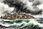 Placeholder: an abstract ink wash and watercolor illustration of a storm tossed, highly detailed coastal fishing village with ominous thunderheads and pounding surf , finely drawn and inked, 4k, hyper detailed and vibrantly colored