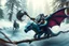 Placeholder: oil painting ,motion blur portrait of harpy - Forgotten Realms dodging cyberpunk armored dwarf with war half moon axe hammer with spikes, riding tiny furry blue and purple dragon above water and along winding branches in lush icy forest along speeding horses , bokeh like f/0.8, tilt-shift lens 8k, high detail, smooth render, down-light, unreal engine, prize winning