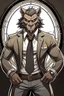 Placeholder: Buff, anthro, wolf, himbo, black fur, gold eyes, wearing a suit, full-body, muscles, strong, muscular, man boobs, bulky, tail, dark fur, smug grin, hands on hips,