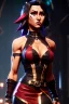 Placeholder: j.scott campbell, serena from mortal kombat, full head to toe portrait, lathe build, wearing black and red mini skirt, thigh high boots and crop top, big eyes, eyes are both in proportion, 3/4 look, long black hair with red streak, small up turned nose, large breasts, small waist, round butt, standing, dark cobblestone alley, one halo white light behind head, non photorealistic rendering