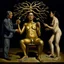 Placeholder: a huge golden brain supported by very small beautiful Asian female human bodies, complex surgical instruments mix a newborn boy between light and shadow, surrealism, symbolism, minimalism, sculpture by Lucian Freud, Rene Magritte, Salvador Dali