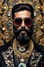 Placeholder: Artistic photo in the audacius style of Jill Greenberg, of man with a luxurious and striking style, abundance of jewelry, oversized sunglasses, neat black beard, feminine manirism, prints, desafiant, extravagant, barroque escene , impasto style with thick texture