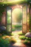 Placeholder: An open door to a beautiful summer garden, ,complex, amazing, magical gentle, sparkling dew drops, dawn, magically, in pastel transparent tones, hyperrealistic, beautiful, lumen, professional photo, 3d, 64k, high resolution, hyperdetalization, hyperrealism, f16,1/300s, highly detailed digital painting, bright, juicy, photorealistic painting, solar illumination in the background, bright lighting, aesthetically pleasing, beautiful, clarity of contours