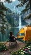 Placeholder: A woman sitting on camp chair beside her a personal small tent watching the waterfall on A lake, trees, flowers, 8k, high quality, trending art, trending on artstation, sharp focus, studio photo, intricate details, highly detailed, by greg rutkowski