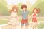 Placeholder: a cute chibi spanish man with short curly brown hair cropped at the back in yellow T-shirt and jeans with a cute chibi contented girl with long brown hair and brown eyes in a red elegant jumpsuit and red high heels, and a chibi girl with blonde brown hair in a beige dress dancing dynamically in Madrid in the Retino park, in the moonlight, ethereal, cinematic postprocessing, airplane in the sky