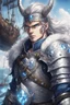 Placeholder: 1man warrior in anime style, with blue eyes wearing silver Vikings armor with a blue crystal on his chest with a battle axe on the pirate ship, anime, anime style