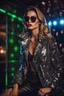 Placeholder: Full body Real photography beautiful woman super model European on fashion style dressing luxury jacket diamonds patterns,sunglasses,turn on music DJ player in disco club