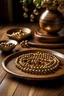 Placeholder: صحن بقلاوة خشبي على طاولة فاخرة خشبية و ذهبية