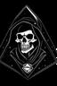 Placeholder: claymation skeleton in a black hooded cloak drawn in a retro vector mascot style, inside a diamond shape on a black background, monochromatic