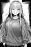 Placeholder: girl in love with long hair thinks in a loose sweatshirt, line arts, greyscale,