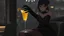 Placeholder: midle close up gray-toned, contrasting graphics, a lady in a black casual dress, black lace nice nylon stockings sitting on a bar chair in bar, holding a yellow mimosa cocktail in her long black gloved hand, atmospheric, strong contrasts, shadowy background, focus on the hand holding the cocktail, moody, pale ligts, anime style, cinematic