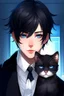 Placeholder: An attractive young man with bright blue eyes, messy black hair, cat ears on his head, dressed like a butler, realistic anime