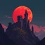 Placeholder: 8 bit pixelart a towering castle perched atop windswept cliffs, its jagged stone figure bathed in the cinematic crimson glow of a giant, imposing red harvest moon.