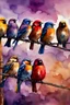 Placeholder: A captivating watercolor illustration featuring six exquisitely rendered birds perched gracefully on a wire. Each bird exhibits a unique color palette, from the rich browns and grays to the bold blues, reds, and yellows, culminating in the enchanting purple hue. The composition emphasizes the birds' side profiles, creating a dynamic visual effect. Their vibrant plumage beautifully contrasts against the pristine white background, resulting in a harmonious blend of nature and color that captivates