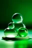 Placeholder: large and small glass balls on stones balance on top of each other, light green background, bright glow