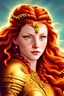 Placeholder: warrior queen with wavy red hair, gold armour, and bright green eyes
