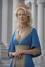 Placeholder: Powerful classical portrait of a traditional blonde queen in her late 50s wearing a blue dress standing in a powerful position a little zoomed out