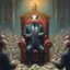 Placeholder: rich pig in suit on a throne making stacks of money by making a deal with a buisnessman. background of musicians. Payday payday. beksinski style. politicians