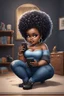 Placeholder: Create a furturism magna art of a black chibi curvy female sitting on the floor looking at her cell phone. She is wearing tight blue jeans and a black off the shoulder blouse. Prominent make up with lush lashes. Highly detailed tight curly afro. She is also wearing silver large hoop earringsart of a black chibi curvy female sitting on the floor looking at her cell phone. She is wearing tight blue jeans and a black off the shoulder blouse. Prominent make up with lush lashes.