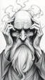 Placeholder: highly detailed graphite illustration, A surreal elderly figure with exaggerated anatomical featured , hands up heavily wrinkled skin, and an intense, contemplative expression. bald head, thick eyebrows, long beard merge into swirling abstract shapes. Large, other gripping the forehead tensely. Mysterious, introspective, dreamlike, somewhat dark fantasy. #𝙙𝙧𝙚art #prompt