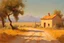 Placeholder: Sunny day, countryside, dirt road, mountains, distant adobe house, trees, rodolphe wytsman and henry luyren impressionism paintings