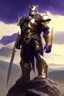 Placeholder: Thanos, the commander of the army of aliens and the king of the entire galaxy, is ready to go on a campaign with his two large swords, his very beautiful and impenetrable armor with his golden helmet, standing on top of a hill with his sword with infinity gauntlet