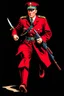Placeholder: poster of a german soldier(uniform and face based on racist steriotypes) running towards viewer, a knife i one hand, and a gun(barrel pointing at viewer) in the other. retro poster monochrome with white background