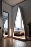 Placeholder: Bedroom with Vertically triangular standing mirror with white led lights around it. Background should be a bed