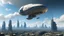 Placeholder: A small, wide, squat Spaceship hovering in a ruined alien city, surrounded by tall damaged buildings, clear blue sky, small white clouds, photorealistic