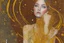 Placeholder: Dynamically dancing long haired brunette woman, in Klimt style, in ochre, watercolor and ink, golden glitters