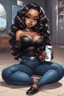 Placeholder: Create a futurism magna art of a black chibi curvy female sitting on the floor looking at herself in a hand mirror. She is wearing tight blue jeans and a black off the shoulder blouse. Prominent make up with lush lashes. Highly detailed long wavy hair. She is also wearing silver large hoop earringsart of a black chibi curvy female sitting on the floor looking at her cell phone. She is wearing tight blue jeans and a black off the shoulder blouse. Prominent make up with lush lashes.