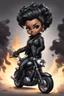 Placeholder: Create a digital airbrush illustration of a chibi cartoon full figure black female riding a sports motorcycle. She is wearing biker jacket and black tights with biker boots. Prominent make up with log lashes and hazel eyes. Extremely highly detailed black shiny wavy hair up in a messy bun. Background of smoke surrounding her and the bike and she's at a bike show.