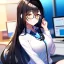 Placeholder: Clear focus, 8k, high quality, detailed, beautiful lighting, girl, vibrant colors, black long hair, vibrant golden eyes, office clothes, glasses, messy hair, sitting down, stretching,