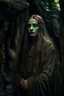 Placeholder: underground grove, with bricks and stones, portrait of hulk as a female wood elf with pale, ethereal features with long hair that seems to shimmer. She dresses in flowing, dark-colored clothing that accentuates her mysterious aura. photo-realistic, shot on Hasselblad h6d-400c, zeiss prime lens, bokeh like f/0.8, tilt-shift lens 8k, high detail, smooth render, down-light, unreal engine 5, cinema 4d, HDR, dust effect,, smoke