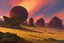 Placeholder: autumn vegetation, one exoplanet in the horizon, big stones, cliff, sci-fi.