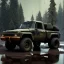 Placeholder: stylized hyperrealistic shot, muddy aggressive military toy truck, monotone color palette, sharp focus, puddle reflection, tire water splash, refraction, overcast, rocky terrain with huge boulders, detailed and intricate, cinematic composition, micro, tilt shift photography, unreal engine 5, octane render, 8k, cinematic lighting