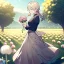 Placeholder: anime girl holding on to a dried dandelion flower and blowing the dried seeds into the air as the wind carries them away. outdoors scene.anime girl standing in a meadow of flowers