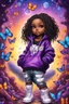 Placeholder: Create an vibrant psychedelic oil painting image, airbrush, 48k, cartoon art illustration of a chibi cartoon black female thick curvy wearing a cut of black purple and white hoodie and white jeans and timberland boots. Prominent make up with long lashes and hazel eyes. Highly detailed shiny sister locs. Background of a large bubbles and colorful butterflies all around her. she sits on a music note