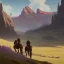 Placeholder:  mountains with medieval knight in armour traveling on a horse in the background