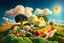 Placeholder: lifelike photography, vegetable and fruit landscape, broccoli forest, chive field, cauliflower sheep, orange sun, whipped milk clouds, raspberry flowers, cheese barn and haystack in sunshine, surrealistic