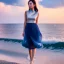 Placeholder: very nice real face beautiful Woman with make up at the beach standing pose in a short lace dark blue and silver dress, full body, 3D coudy sky volumetric nice clouds 8k sharp focus