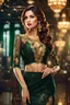 Placeholder: full body Office women, gorgeous, glamours, ,clean face, showing in 4k format, intricate work of magical art, movie poster, full body, gold and dark green lace dress, in cg society trends, complex, very detailed bright, staged rendering of the character, super high quality model, beautiful face, background in style bokeh