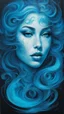 Placeholder: Bosch painting style of blur smoke, neon Blue ink swirls, beautifully lit, detailed of a two mermaid face