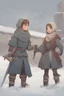 Placeholder: DnD style, two medieval peasant kids playing in the snow male and female, age 14 and 15, happy and playful, he has a short sword.