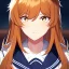 Placeholder: Clear focus,8k,Beatiful Lighting,Beatiful Blur,Beatiful Face,Beatiful Shading,Amber long hair,fluffy hair, long fluffy bangs, Cyan eyes, wearing a sailor uniform, Extreme Close Up, Anime Girl